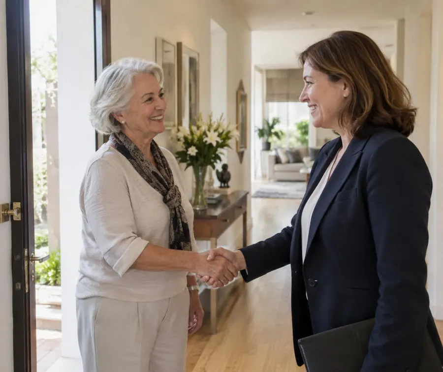 Cliente cumprimentando a consultora da agência na entrada de casa