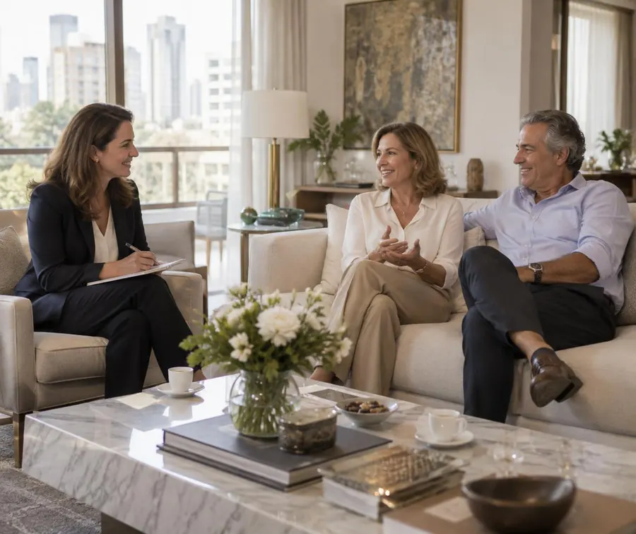 Consultora da agência conversando com um casal sobre a rotina da casa