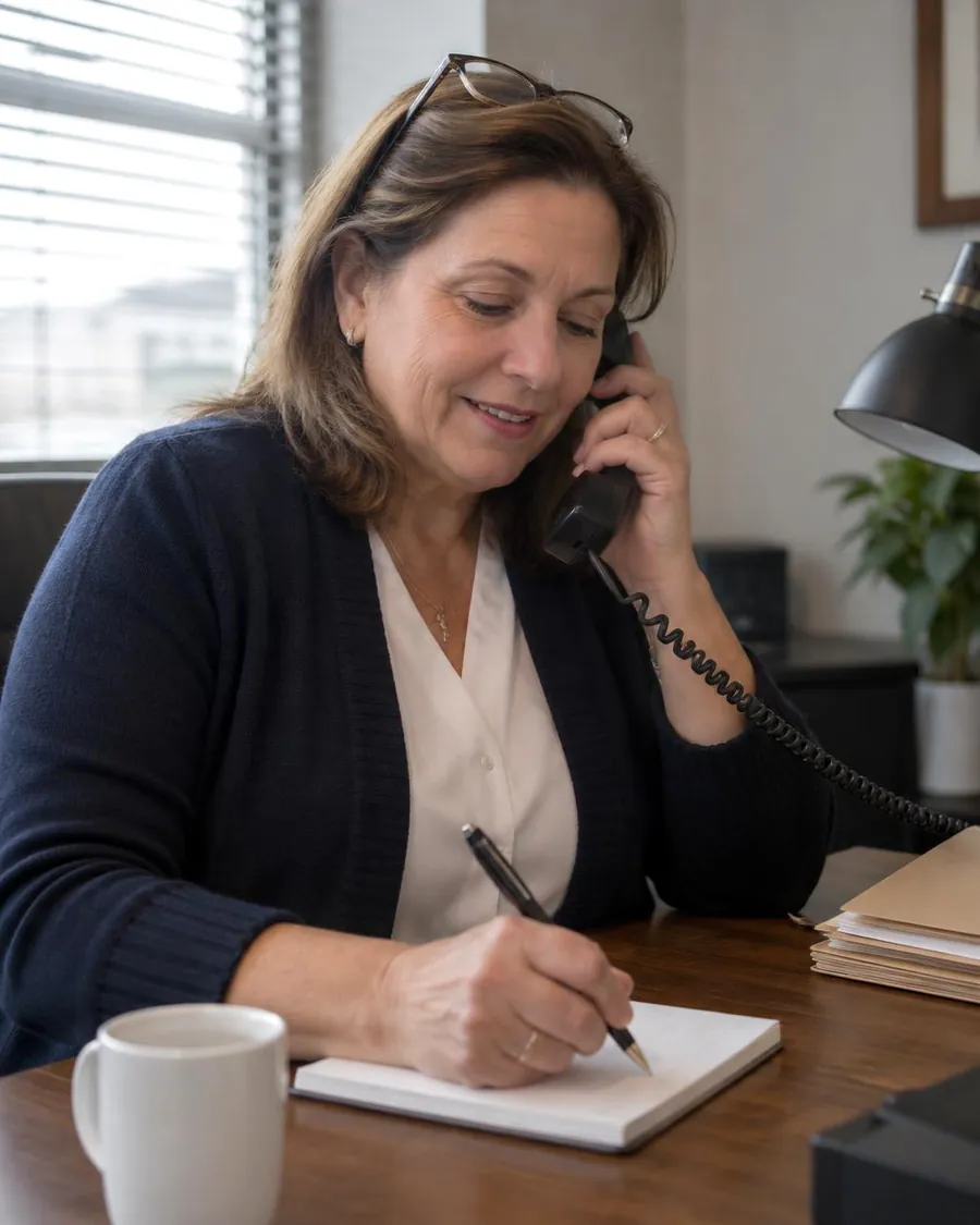 Consultora da Contrate Doméstica atendendo uma família por telefone no escritório da agência