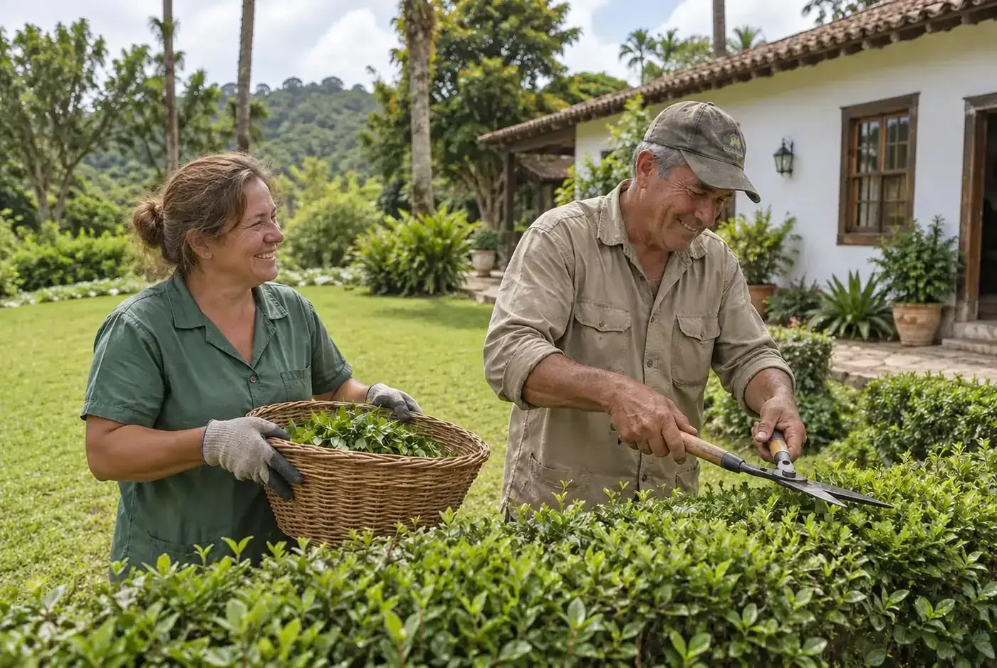 Casal de caseiros cuidando do jardim de uma casa de campo