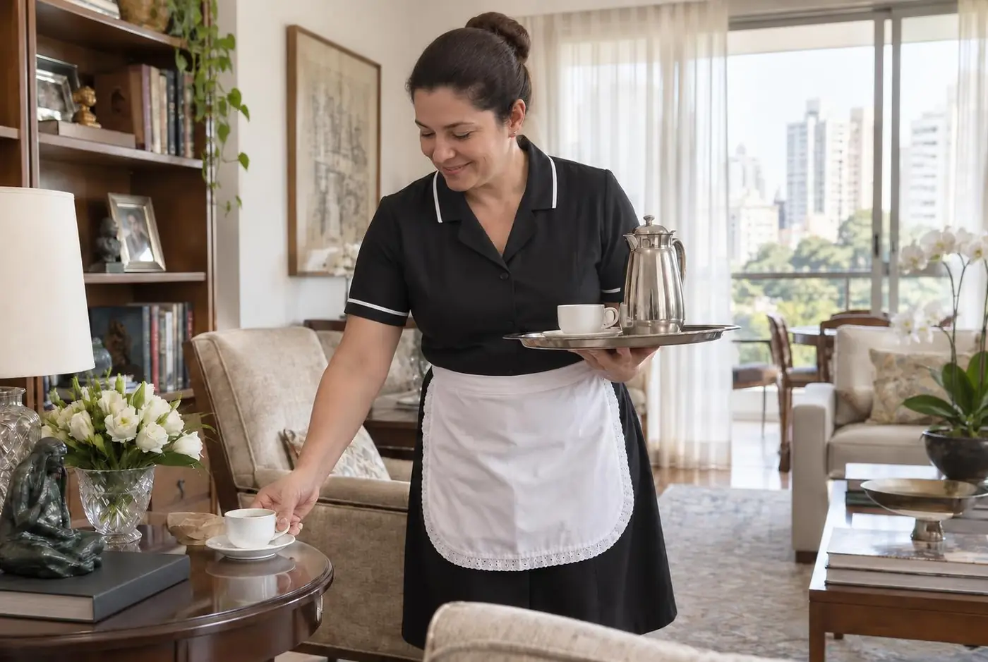 Copeira uniformizada servindo café na sala de estar de uma residência